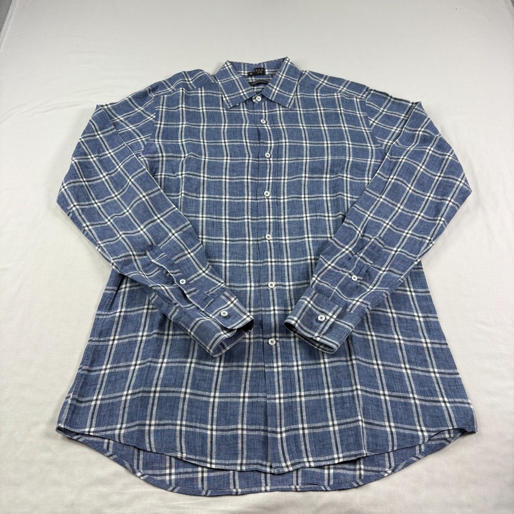 Bergdorf Goodman Linen Shirt Mens Medium Blue Plaid Button Up‎ Long Sleeve Beach